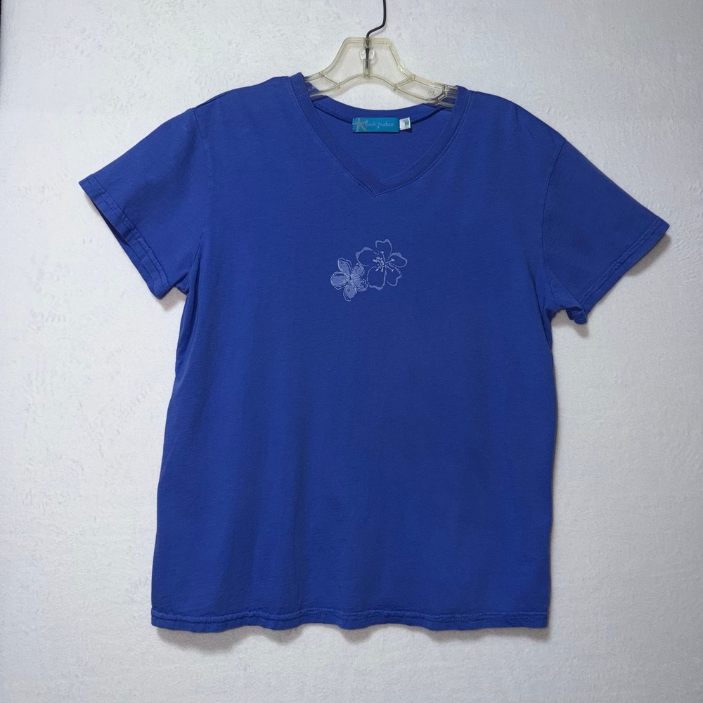 Fresh Produce Womens Royal Blue V-Neck Floral Graphic T-Shirt Made in USA Size M